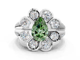White gold Fancy Green Pear  Brilliant Flower Halo Diamond Split Shank Ring_104