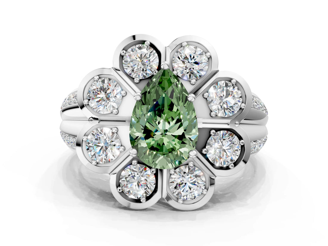 White gold Fancy Green Pear  Brilliant Flower Halo Diamond Split Shank Ring_107