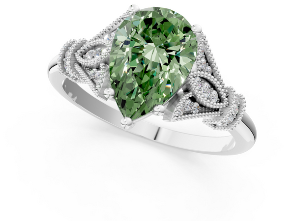 White gold Fancy Green Pear  Diamond Solitaire Ring with Floral Filigree and Pave Accents