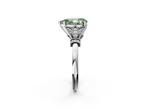 White gold Fancy Green Pear  Diamond Solitaire Ring with Floral Filigree and Pave Accents