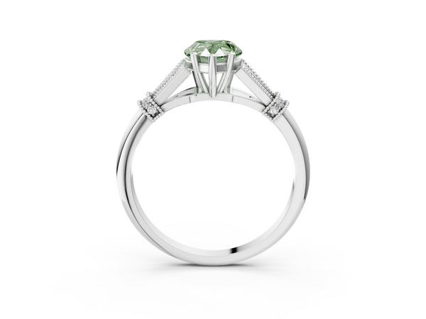 White gold Fancy Green Pear  Diamond Solitaire Ring with Floral Filigree and Pave Accents