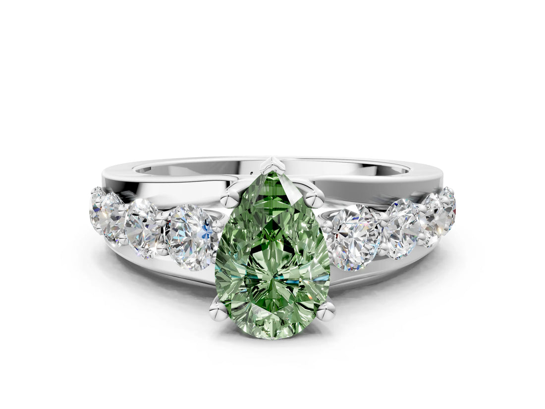 White gold Fancy Green Pear  Brilliant Solitaire with Side Stones on a Pave Band and Four-Prong Setting_73