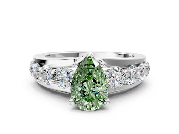 Platinum Fancy Green Pear  Brilliant Solitaire with Side Stones on a Pave Band and Four-Prong Setting