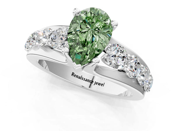 Platinum Fancy Green Pear  Brilliant Solitaire with Side Stones on a Pave Band and Four-Prong Setting
