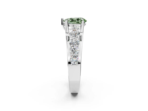 Platinum Fancy Green Pear  Brilliant Solitaire with Side Stones on a Pave Band and Four-Prong Setting