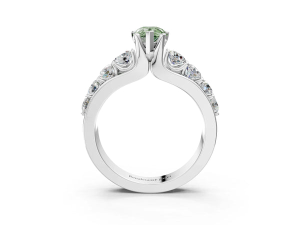Platinum Fancy Green Pear  Brilliant Solitaire with Side Stones on a Pave Band and Four-Prong Setting