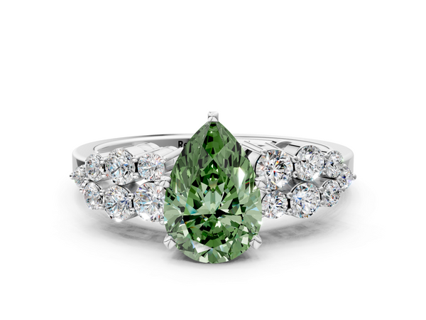 Platinum Fancy Green Pear  Cluster Diamond Engagement Ring with Pavé Band and Four-Prong Setting