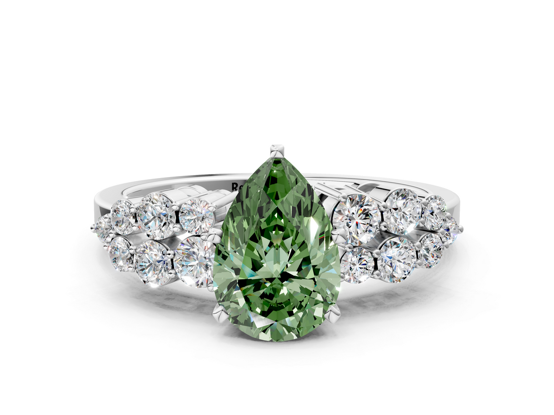 White gold Fancy Green Pear  Cluster Diamond Engagement Ring with Pavé Band and Four-Prong Setting_63