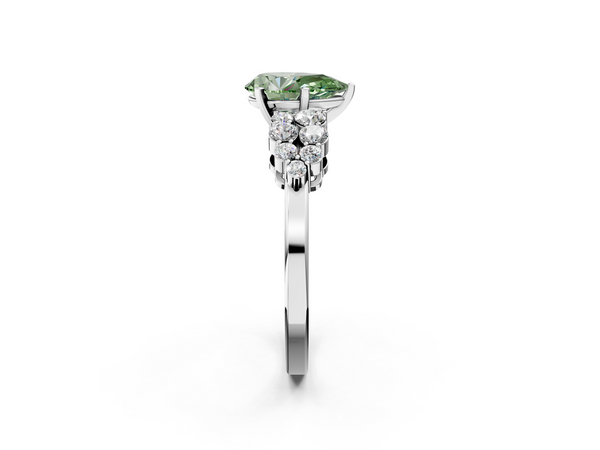 Platinum Fancy Green Pear  Cluster Diamond Engagement Ring with Pavé Band and Four-Prong Setting