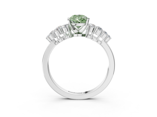 Platinum Fancy Green Pear  Cluster Diamond Engagement Ring with Pavé Band and Four-Prong Setting