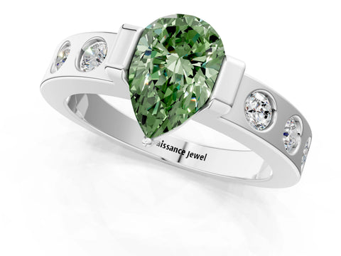 White gold Fancy Green Pear Cut Brilliant Channel-Set Diamond Ring with Bezel Prong Setting_1