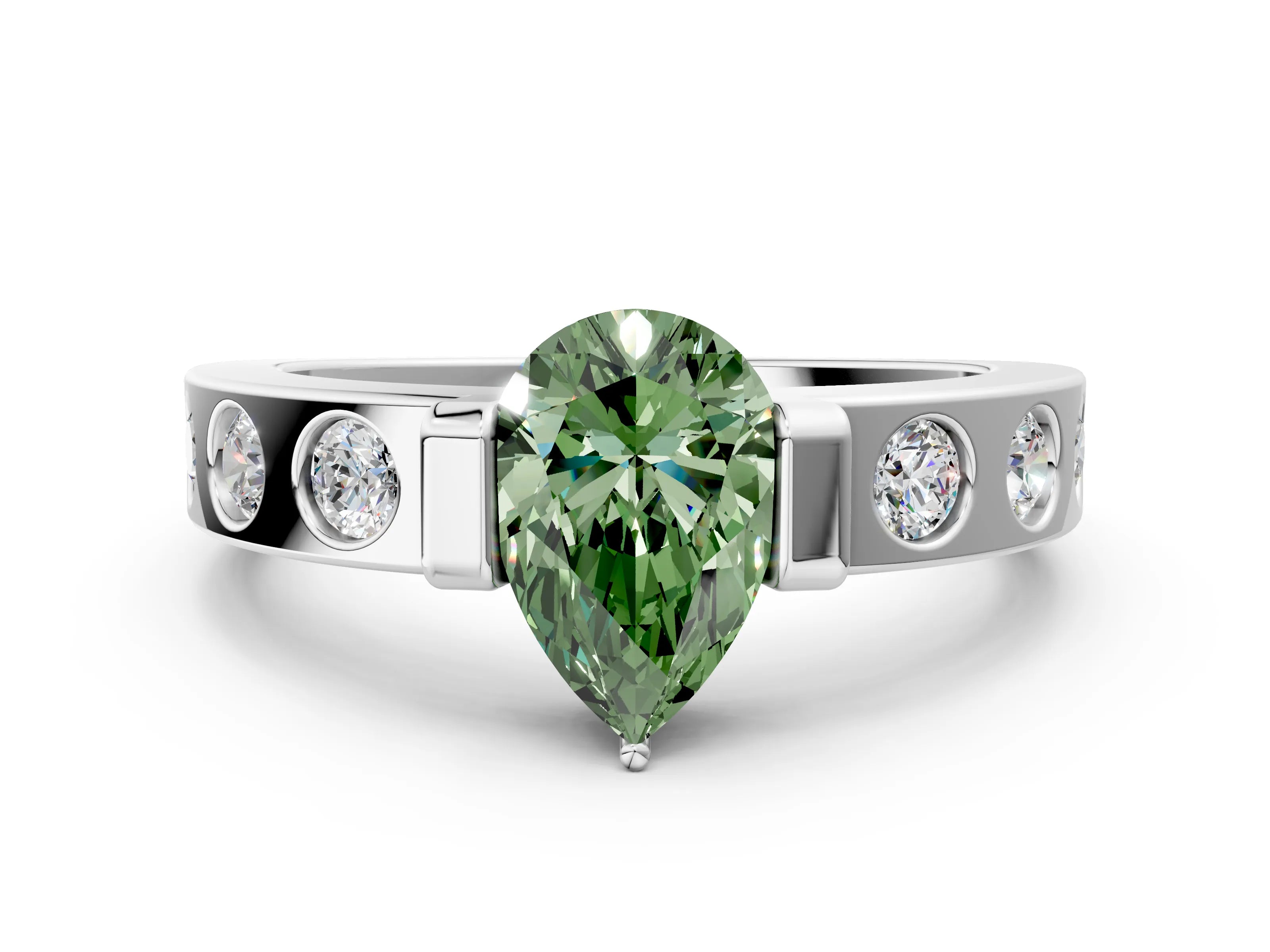 White gold Fancy Green Pear Cut Brilliant Channel-Set Diamond Ring with Bezel Prong Setting