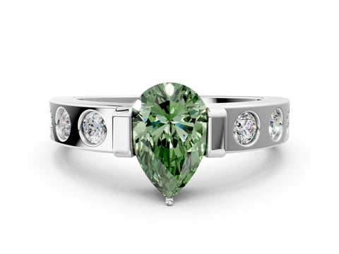 White gold Fancy Green Pear Cut Brilliant Channel-Set Diamond Ring with Bezel Prong Setting