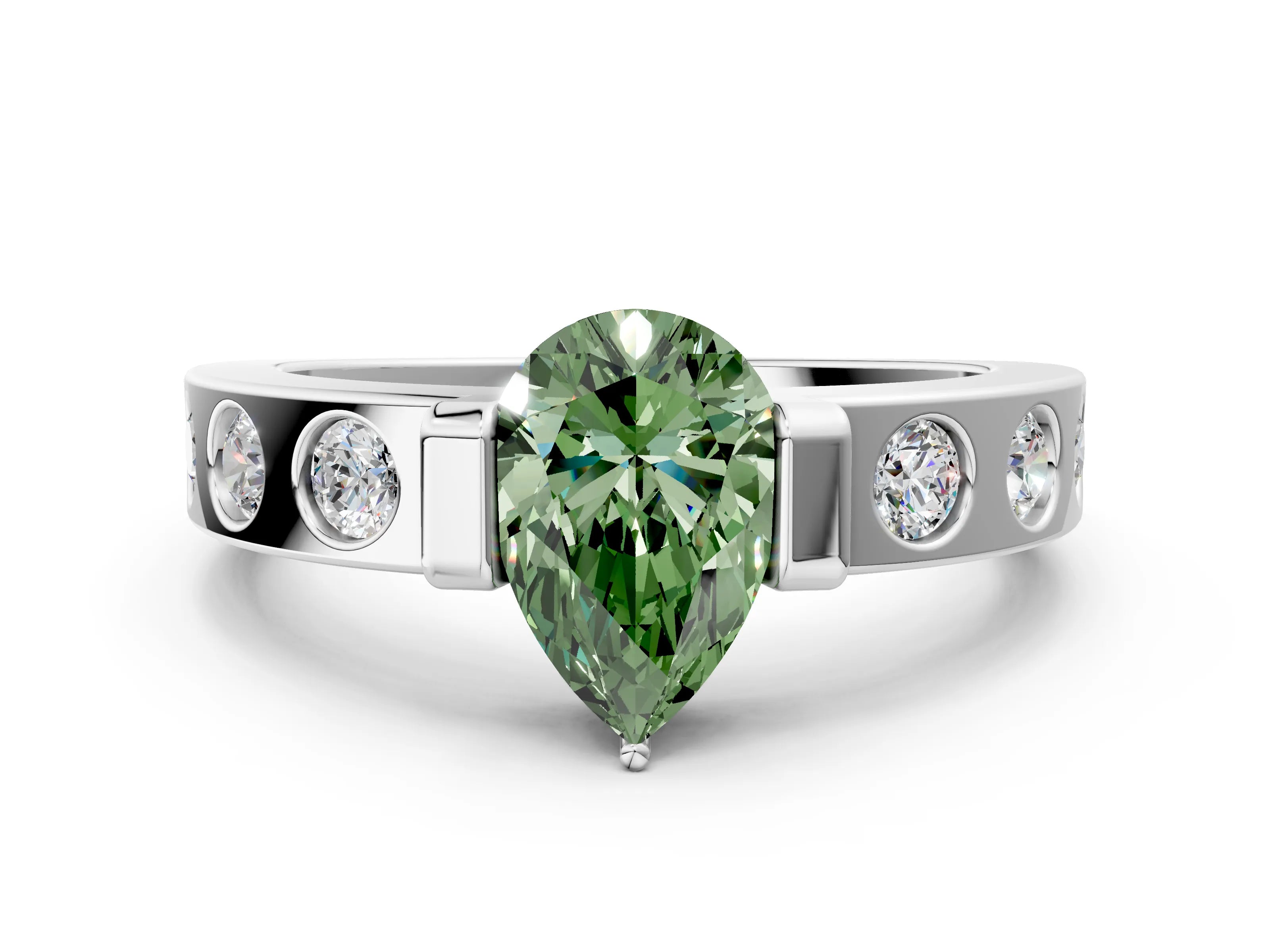White gold Fancy Green Pear Cut Brilliant Channel-Set Diamond Ring with Bezel Prong Setting