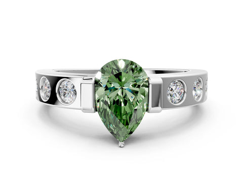 White gold Fancy Green Pear Cut Brilliant Channel-Set Diamond Ring with Bezel Prong Setting