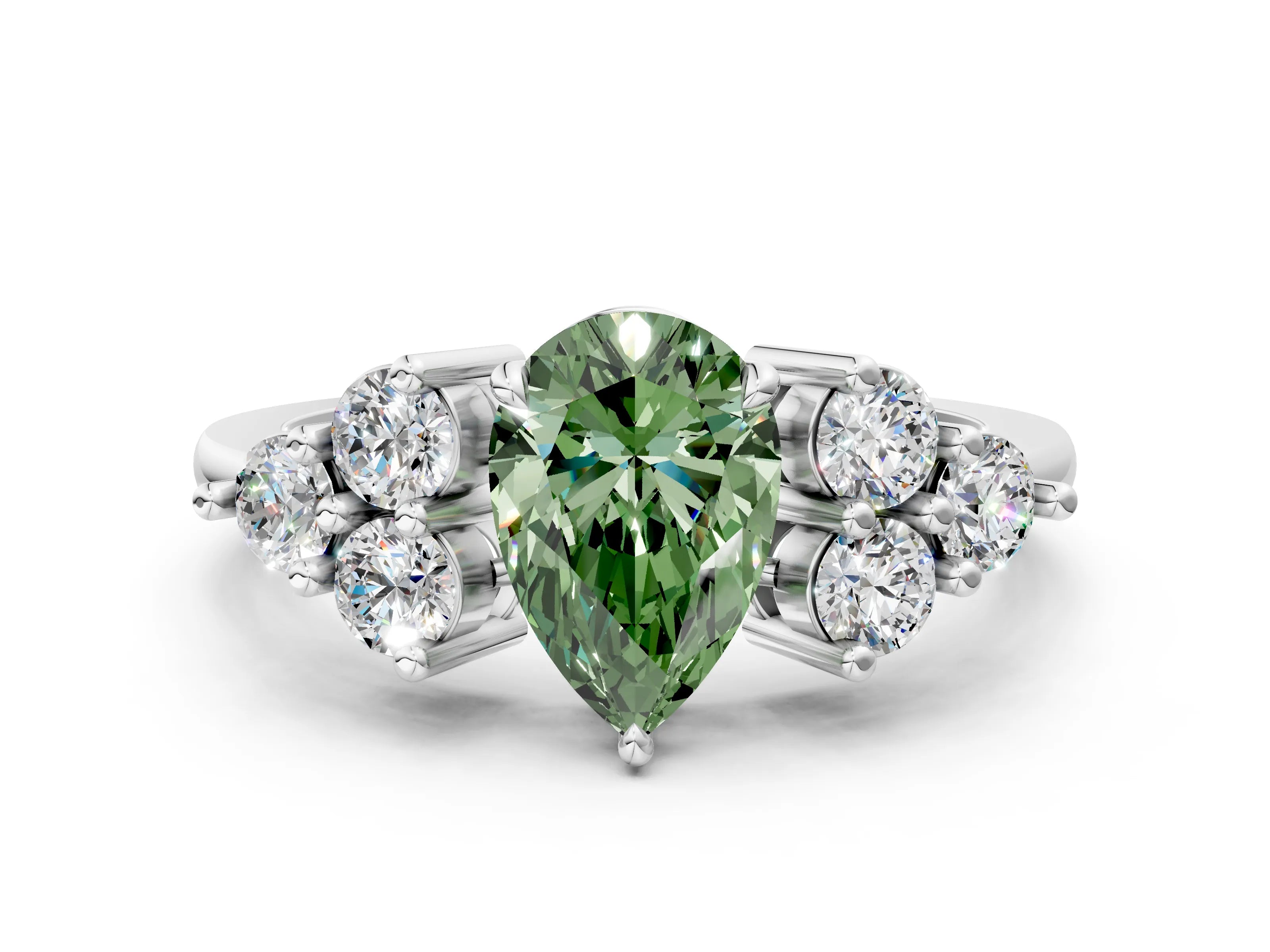 White gold Fancy Green Pear Cut Brilliant Diamond Cluster Accent Solitaire Ring with Prong Setting