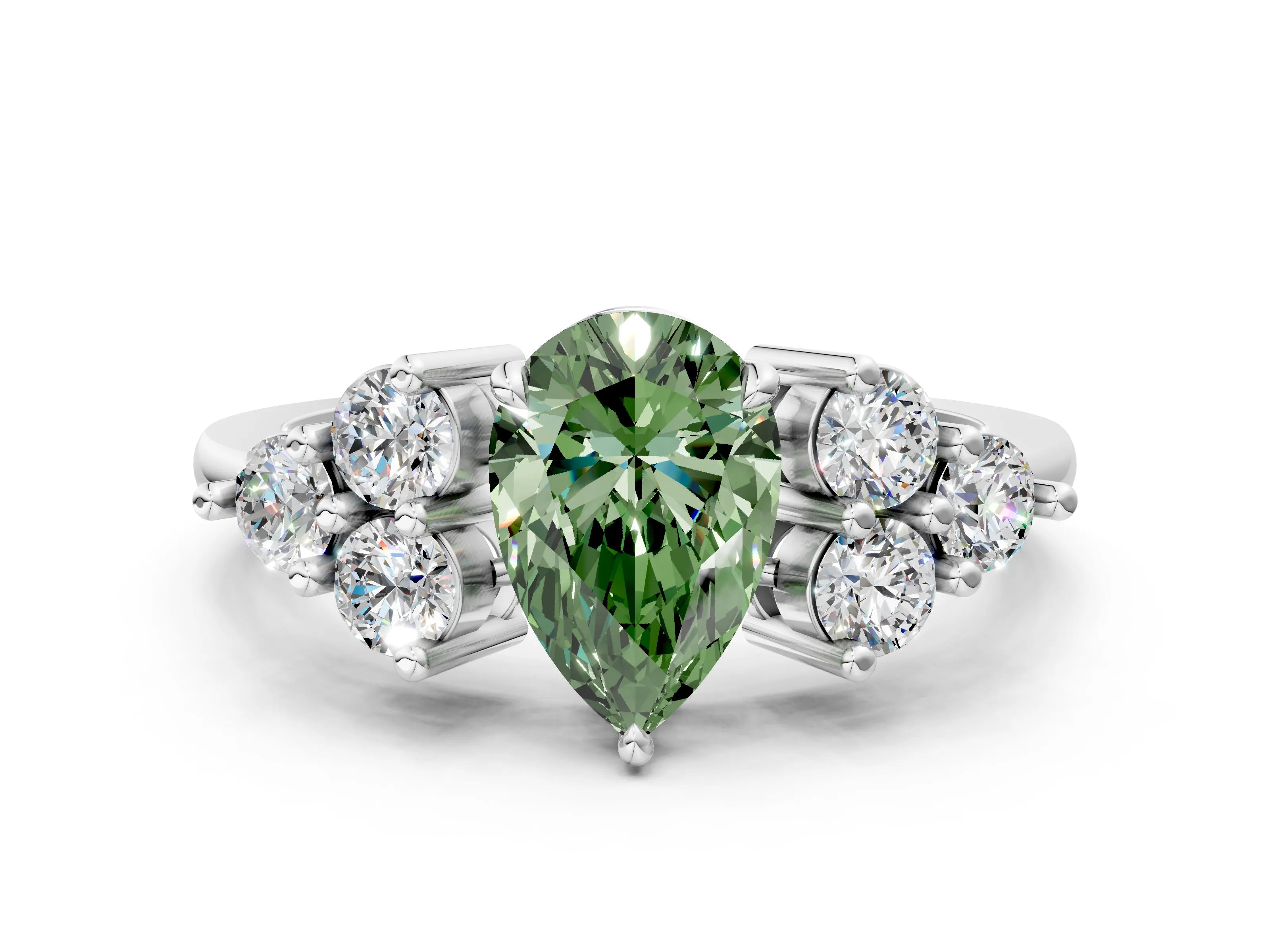 White gold Fancy Green Pear Cut Brilliant Diamond Cluster Accent Solitaire Ring with Prong Setting_12