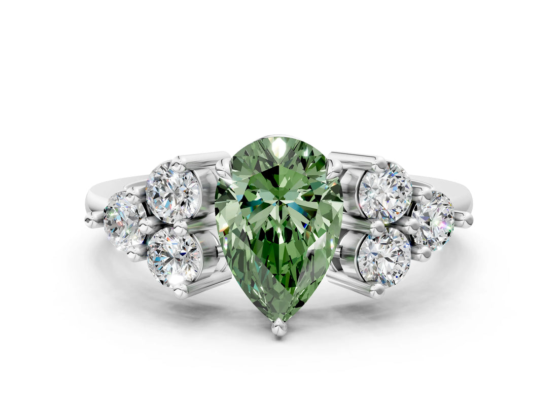 White gold Fancy Green Pear Cut Brilliant Diamond Cluster Accent Solitaire Ring with Prong Setting_12
