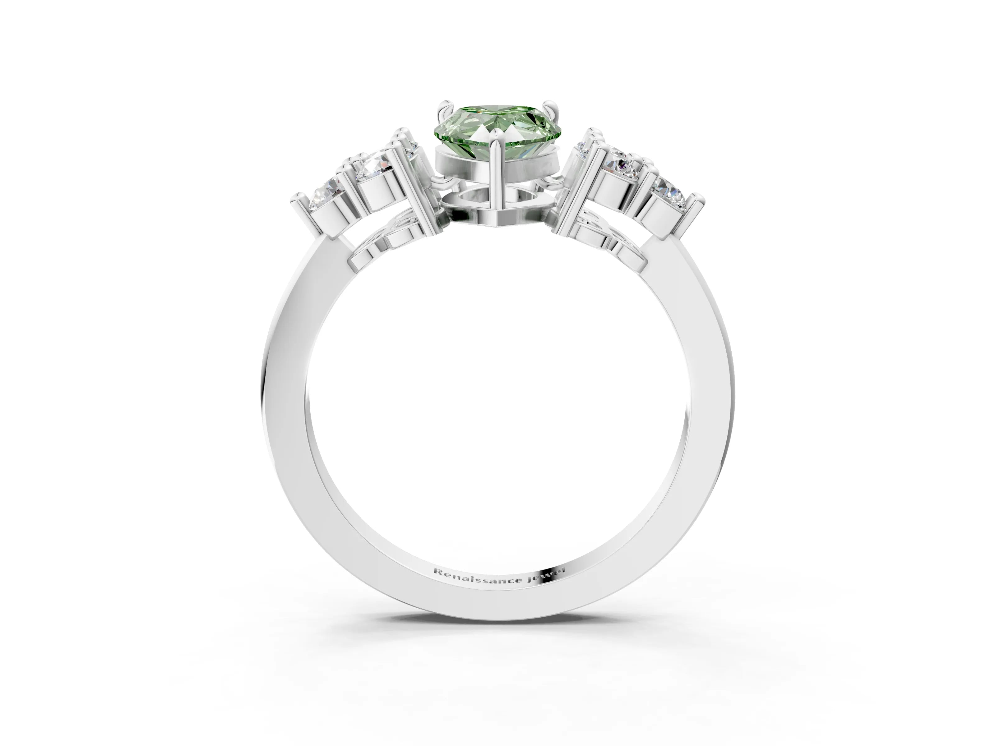 White gold Fancy Green Pear Cut Brilliant Diamond Cluster Accent Solitaire Ring with Prong Setting_15