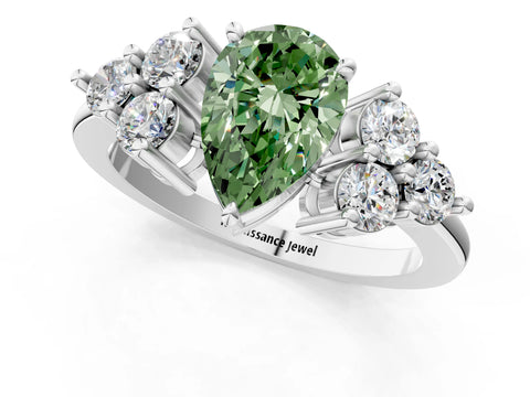 White gold Fancy Green Pear Cut Brilliant Diamond Cluster Accent Solitaire Ring with Prong Setting_1