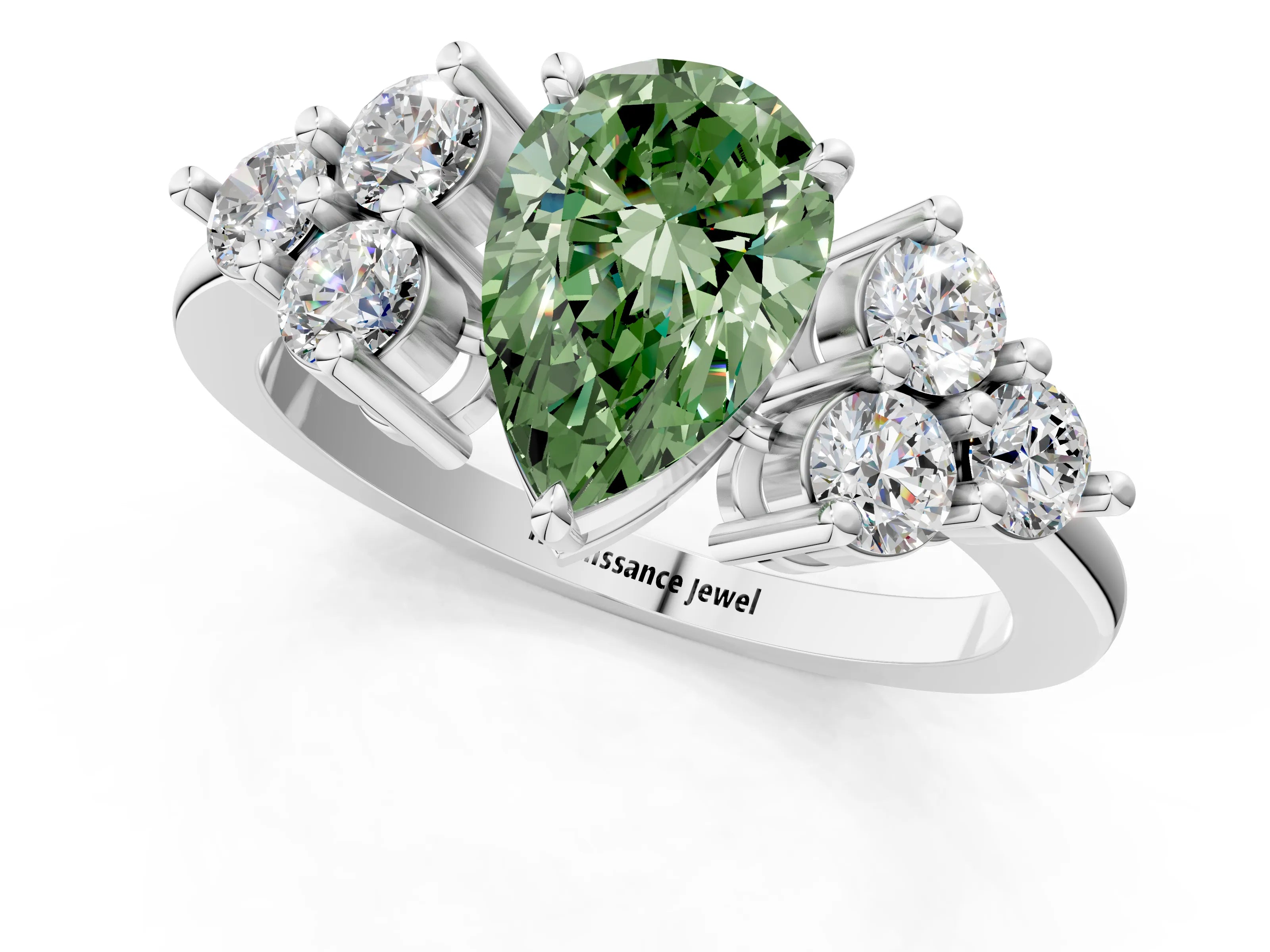 White gold Fancy Green Pear Cut Brilliant Diamond Cluster Accent Solitaire Ring with Prong Setting_1