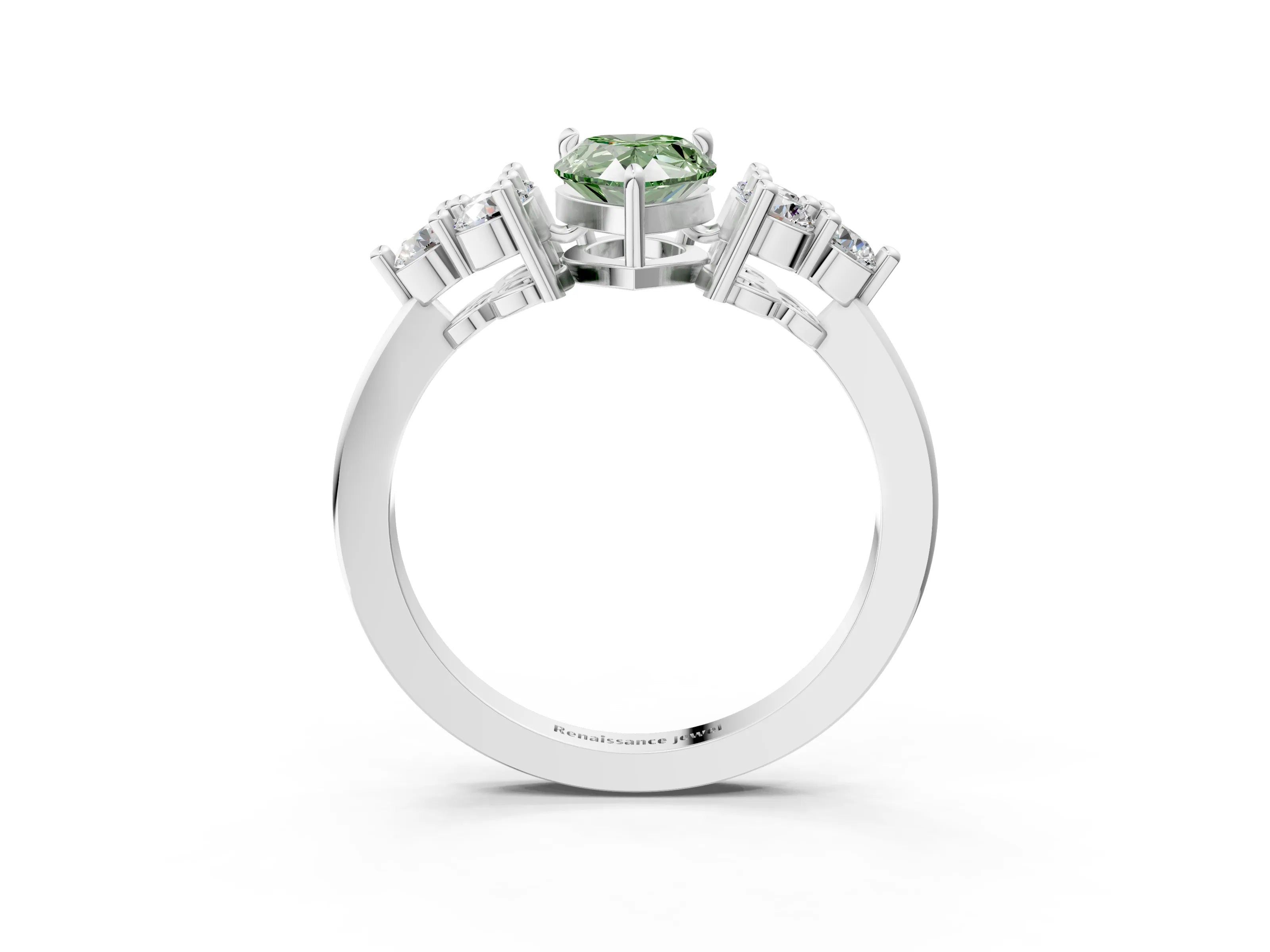 White gold Fancy Green Pear Cut Brilliant Diamond Cluster Accent Solitaire Ring with Prong Setting_3