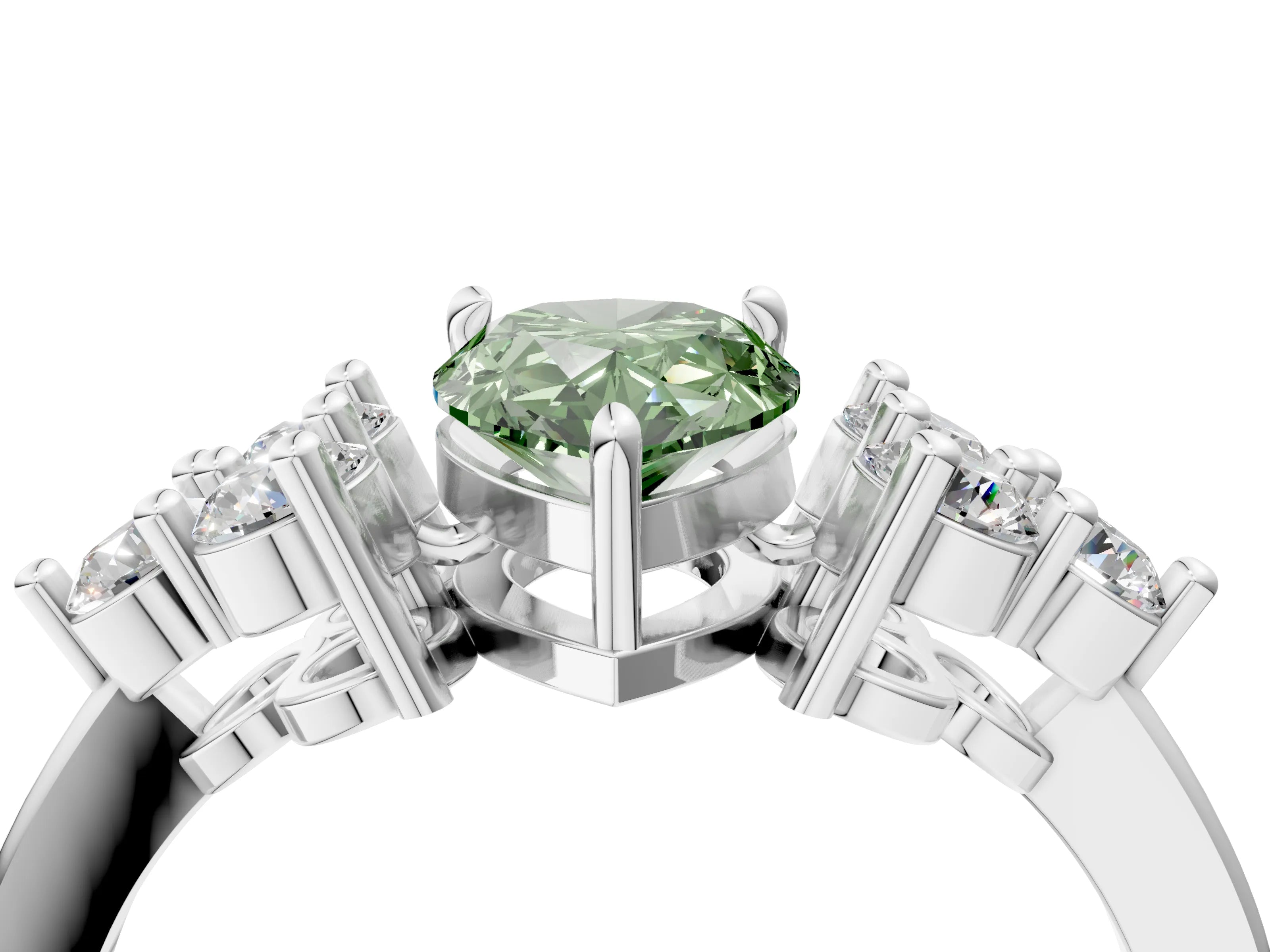 White gold Fancy Green Pear Cut Brilliant Diamond Cluster Accent Solitaire Ring with Prong Setting_4