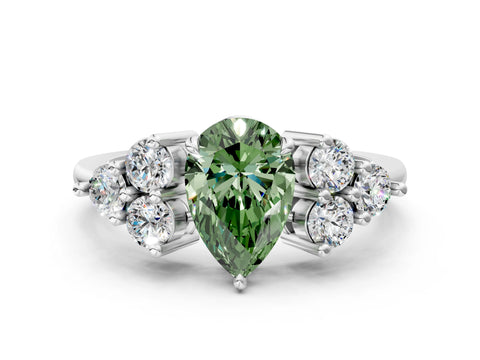 White gold Fancy Green Pear Cut Brilliant Diamond Cluster Accent Solitaire Ring with Prong Setting