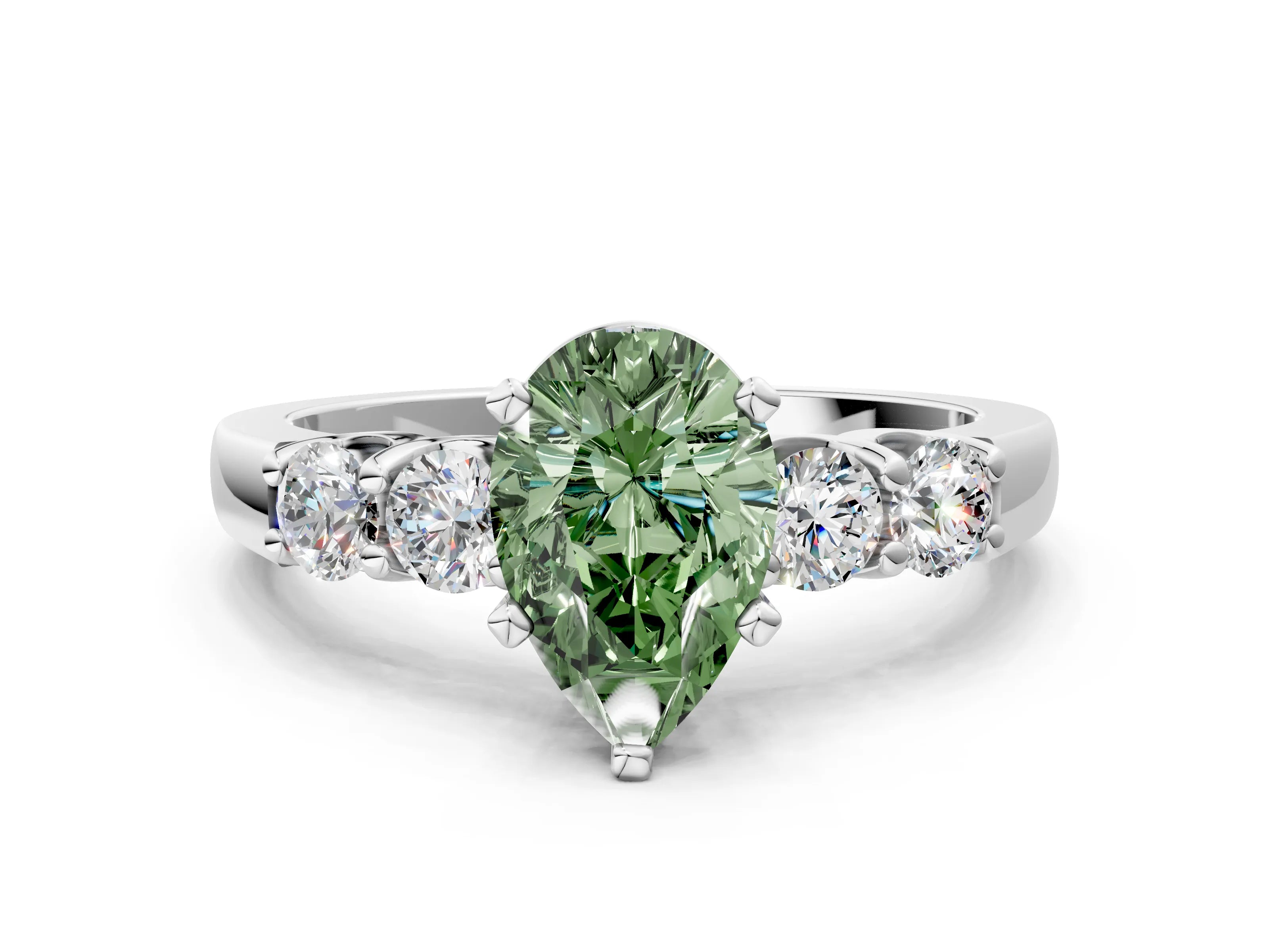 White gold Fancy Green Pear Cut Brilliant Diamond Five-Stone Engagement Ring with Prong Setting on a Classic Band_3