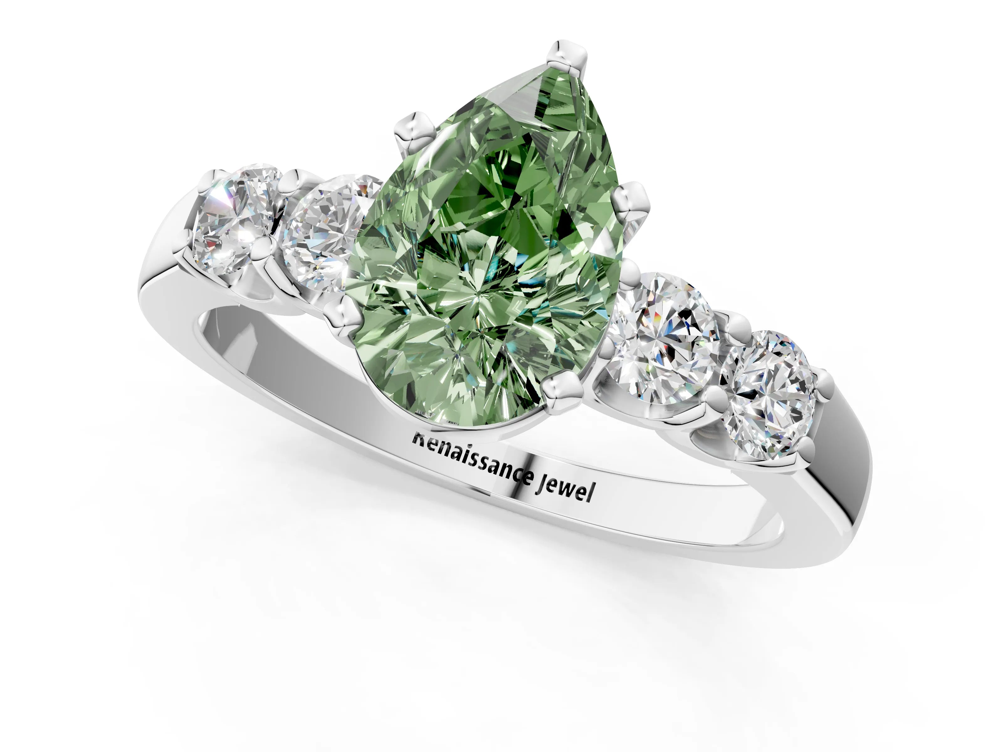 White gold Fancy Green Pear Cut Brilliant Diamond Five-Stone Engagement Ring with Prong Setting on a Classic Band_4