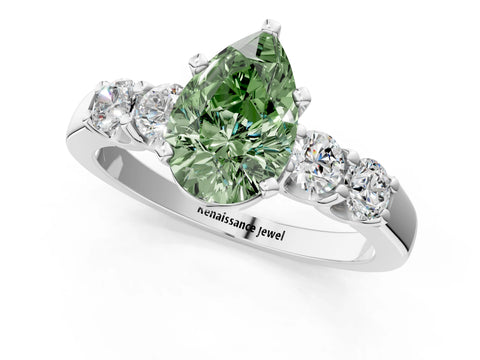 White gold Fancy Green Pear Cut Brilliant Diamond Five-Stone Engagement Ring with Prong Setting on a Classic Band_4