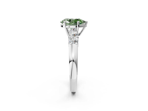 White gold Fancy Green Pear Cut Brilliant Diamond Five-Stone Engagement Ring with Prong Setting on a Classic Band