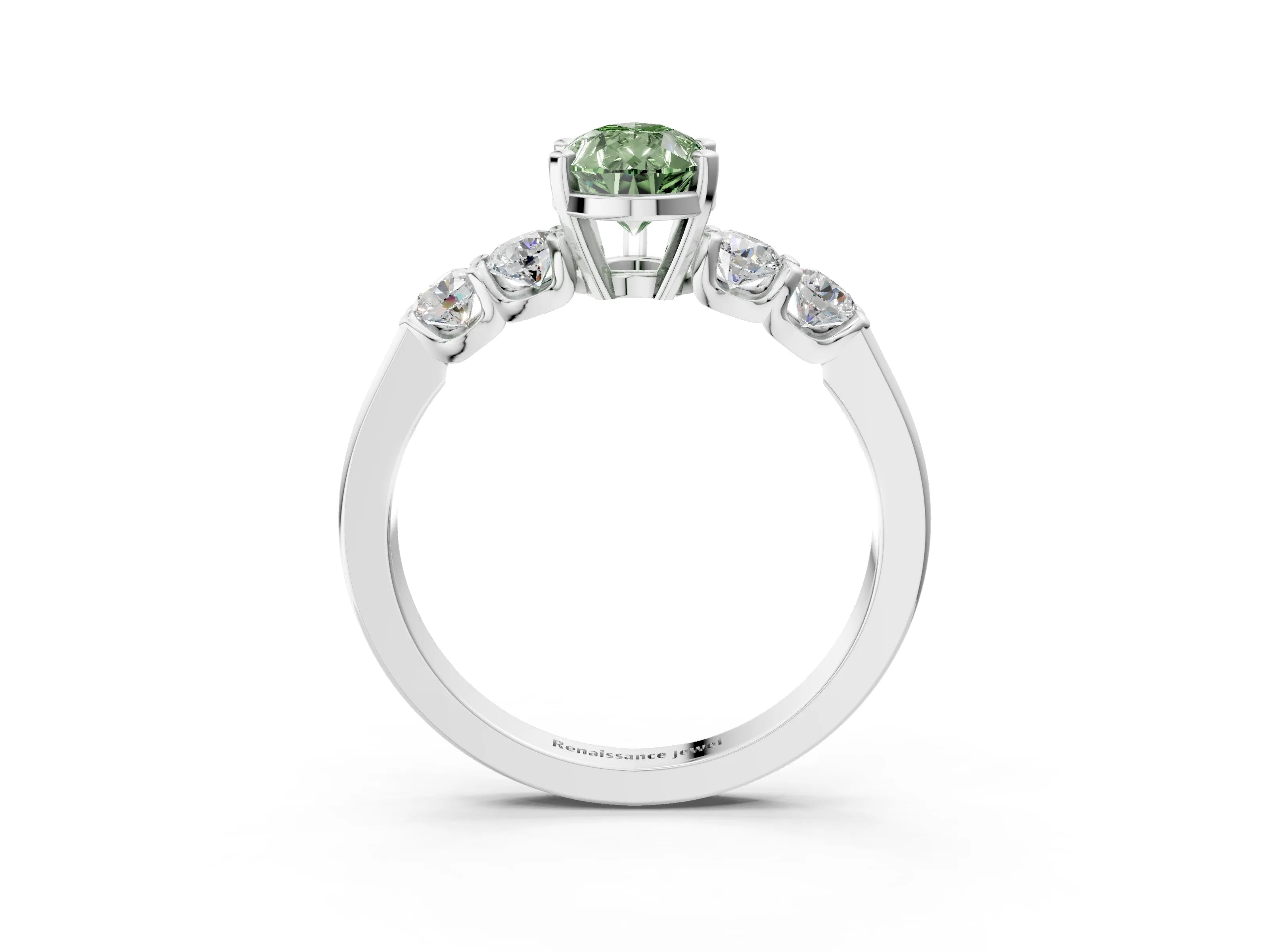 White gold Fancy Green Pear Cut Brilliant Diamond Five-Stone Engagement Ring with Prong Setting on a Classic Band_6