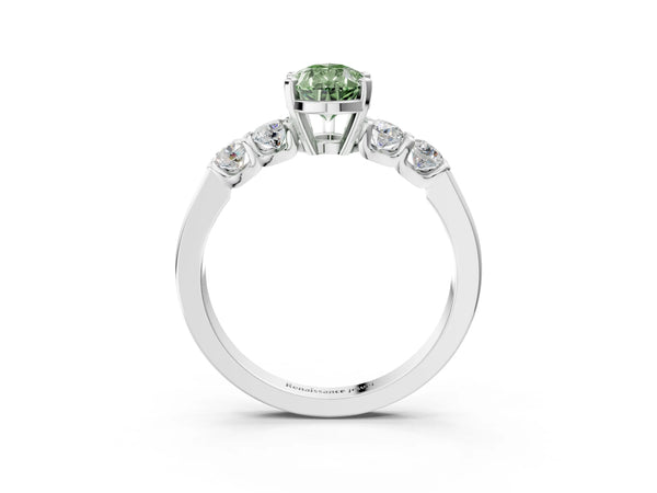 White gold Fancy Green Pear Cut Brilliant Diamond Five-Stone Engagement Ring with Prong Setting on a Classic Band