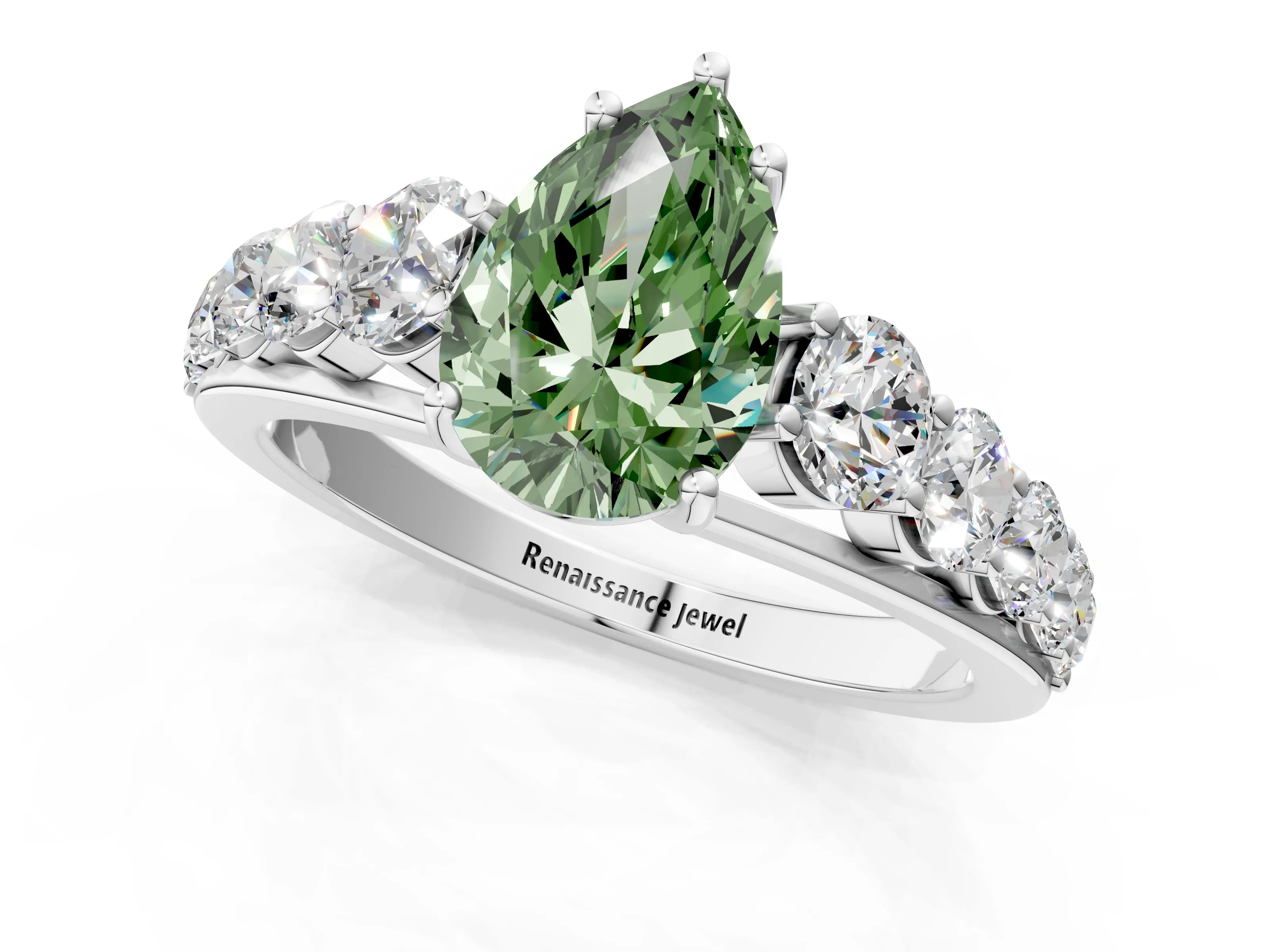 White gold Fancy Green Pear Cut Brilliant Diamond Pavé Band with Six-Prong Setting_1