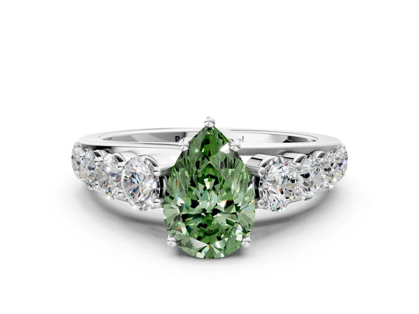 Platinum Fancy Green Pear Cut Brilliant Diamond Pavé Band with Six-Prong Setting