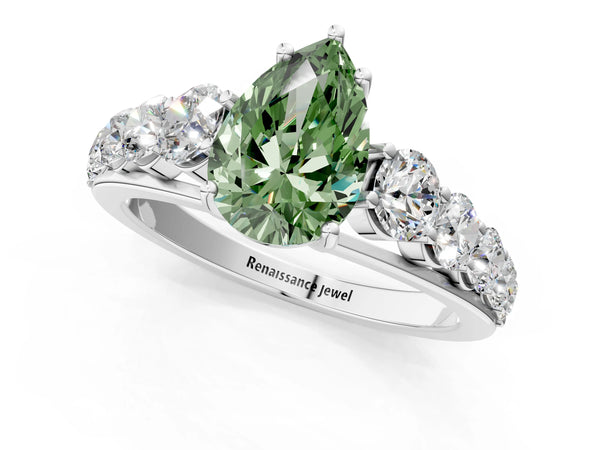 Platinum Fancy Green Pear Cut Brilliant Diamond Pavé Band with Six-Prong Setting