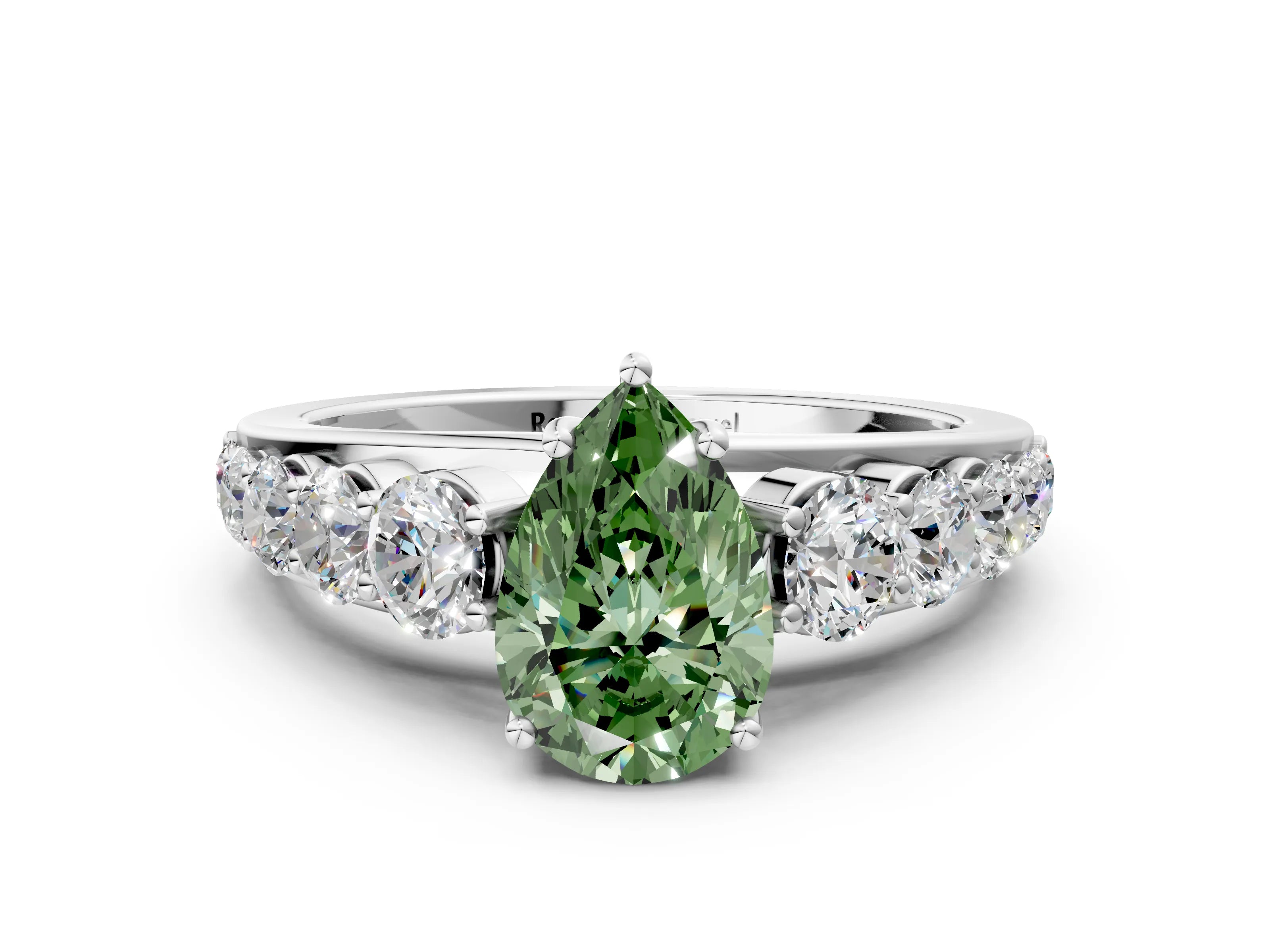 White gold Fancy Green Pear Cut Brilliant Diamond Pavé Band with Six-Prong Setting