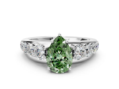 White gold Fancy Green Pear Cut Brilliant Diamond Pavé Band with Six-Prong Setting
