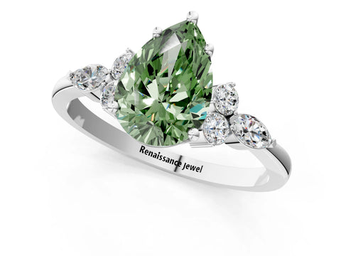 White gold Fancy Green Pear Cut Brilliant Diamond Solitaire Ring with Pear Side Stones and Four-Prong Setting_7