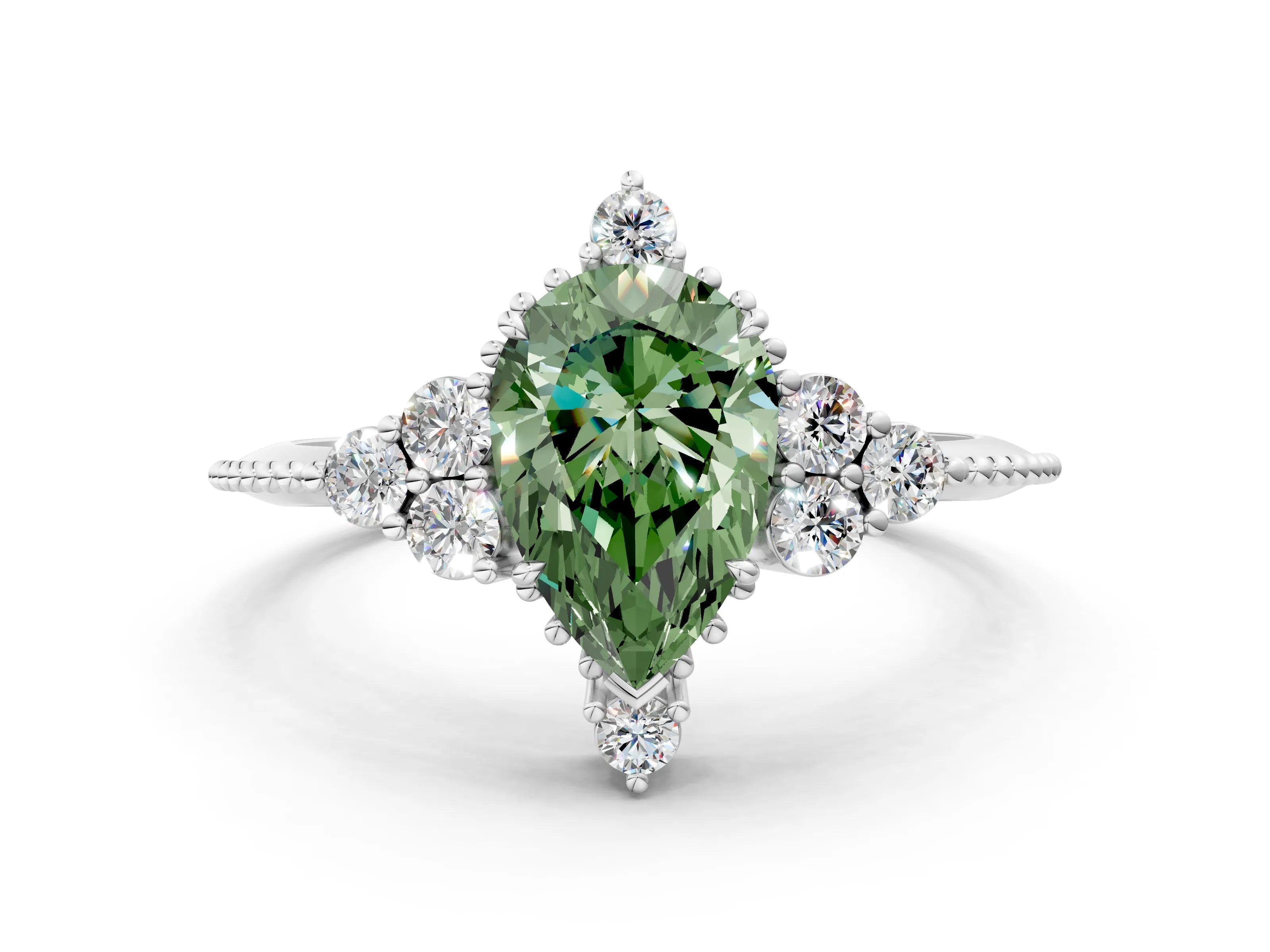 White gold Fancy Green Pear Cut Brilliant Diamond with Cluster Setting on a Beaded Band and Four-Prong Setting_12