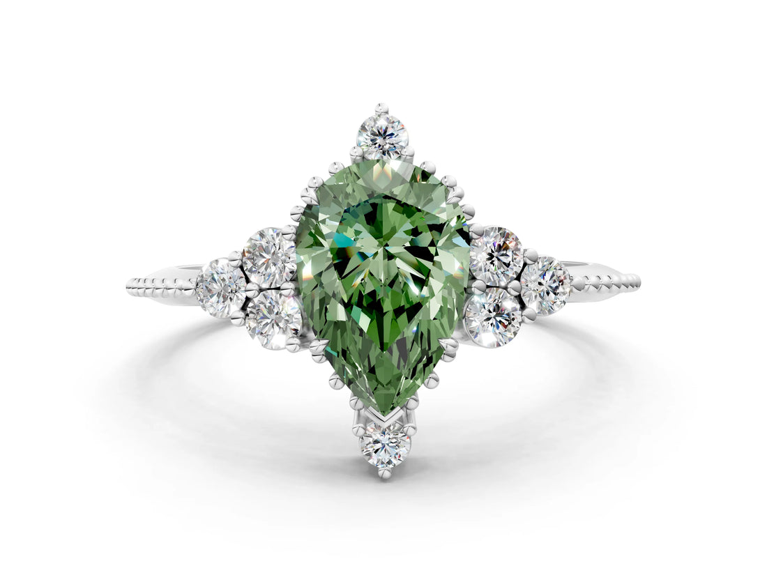 White gold Fancy Green Pear Cut Brilliant Diamond with Cluster Setting on a Beaded Band and Four-Prong Setting_12