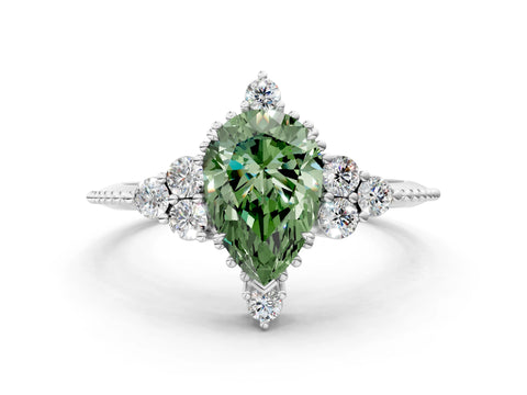 White gold Fancy Green Pear Cut Brilliant Diamond with Cluster Setting on a Beaded Band and Four-Prong Setting_12