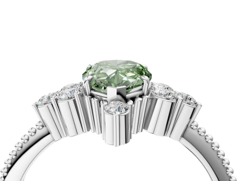 White gold Fancy Green Pear Cut Brilliant Diamond with Cluster Setting on a Beaded Band and Four-Prong Setting_16