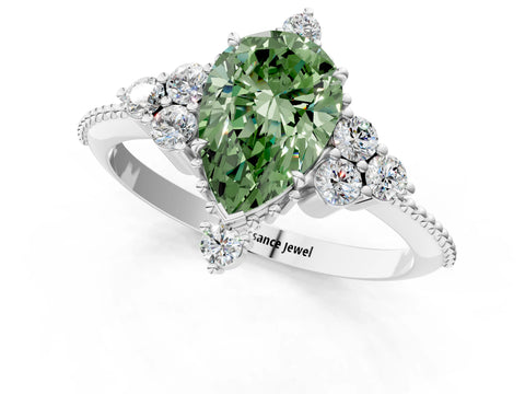 White gold Fancy Green Pear Cut Brilliant Diamond with Cluster Setting on a Beaded Band and Four-Prong Setting_1