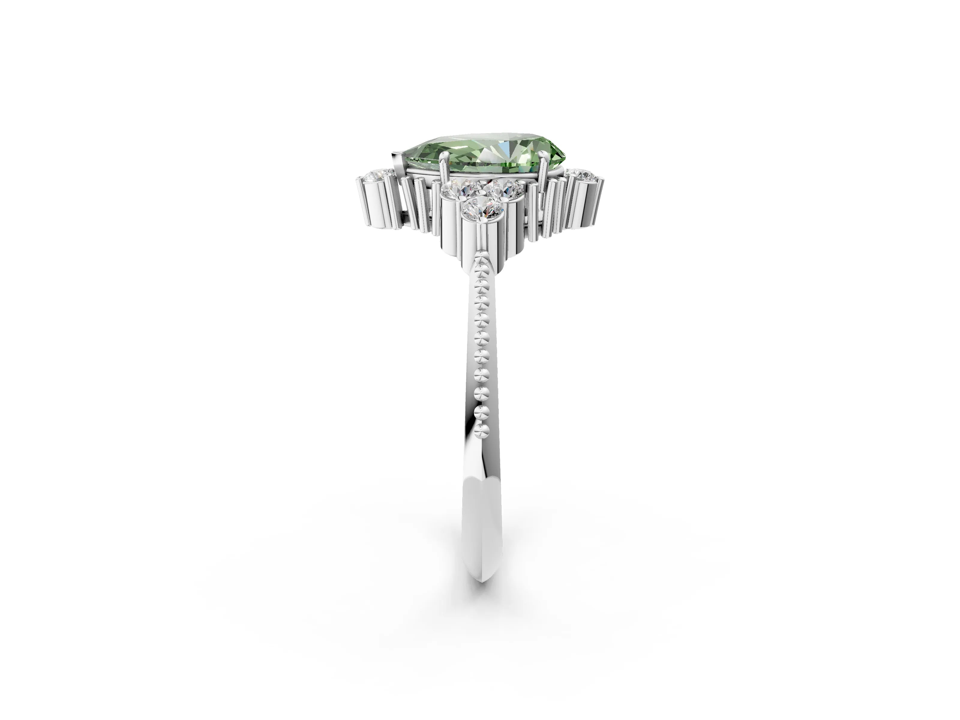 White gold Fancy Green Pear Cut Brilliant Diamond with Cluster Setting on a Beaded Band and Four-Prong Setting_2