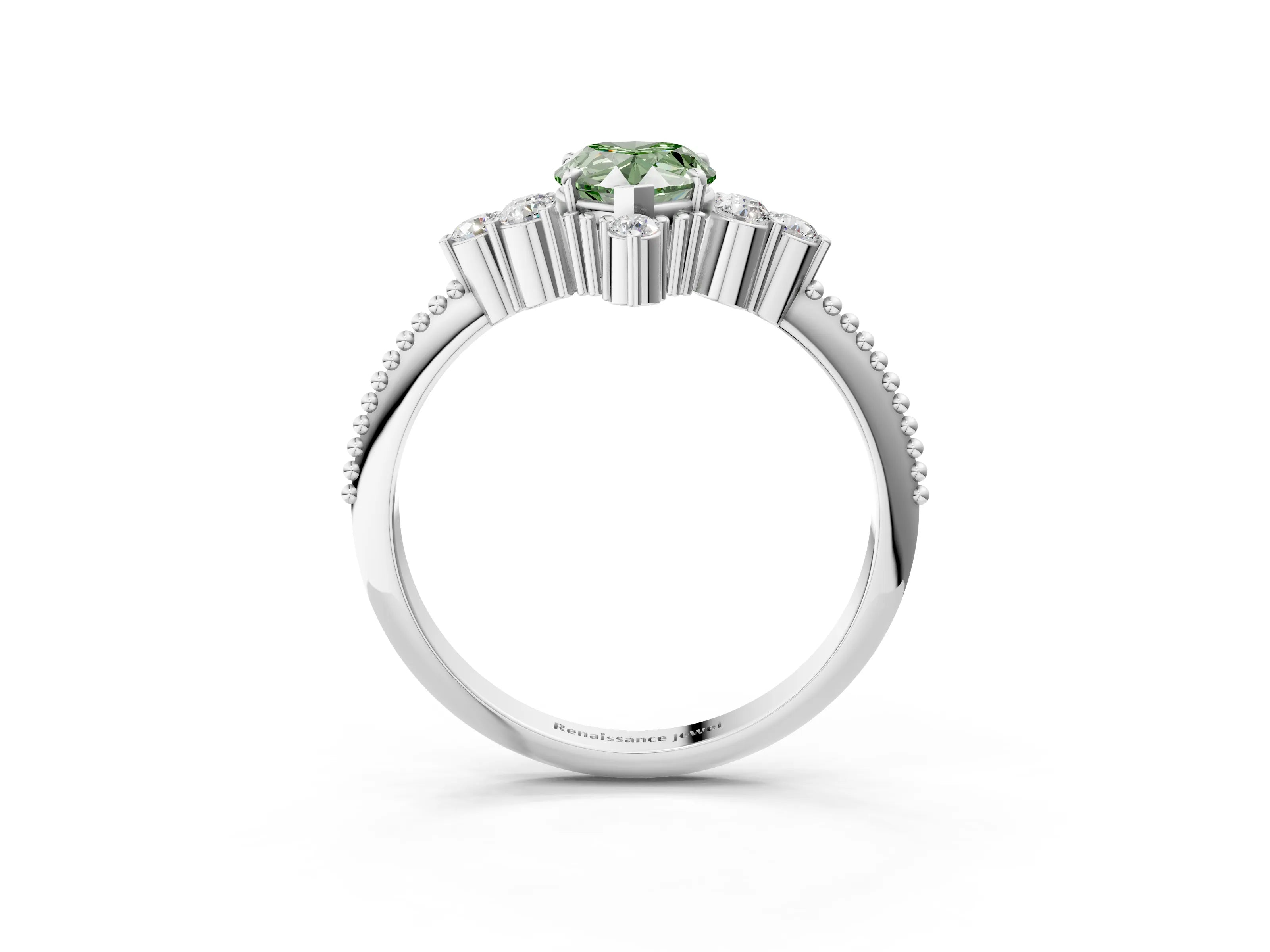 White gold Fancy Green Pear Cut Brilliant Diamond with Cluster Setting on a Beaded Band and Four-Prong Setting_3