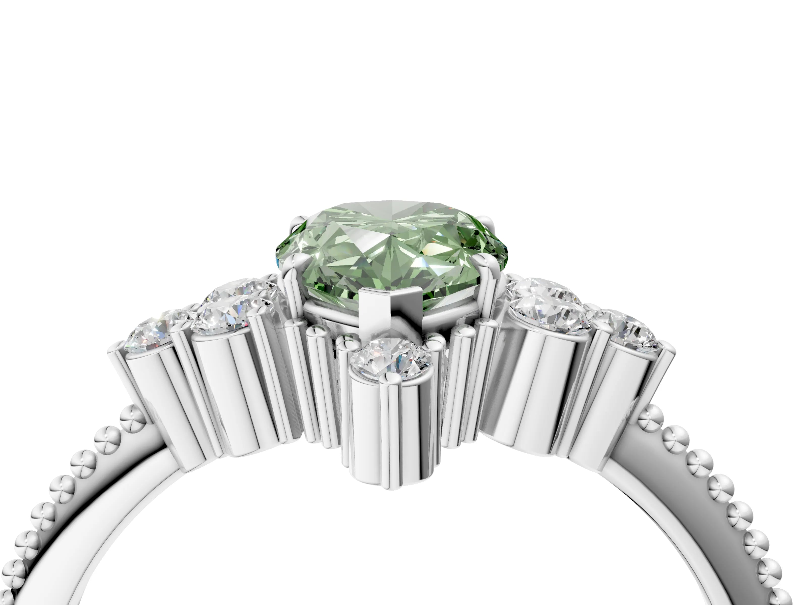 White gold Fancy Green Pear Cut Brilliant Diamond with Cluster Setting on a Beaded Band and Four-Prong Setting_4