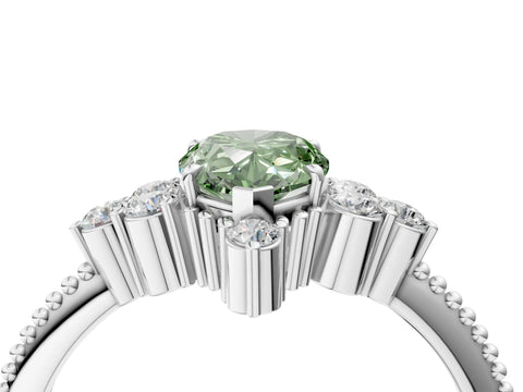 White gold Fancy Green Pear Cut Brilliant Diamond with Cluster Setting on a Beaded Band and Four-Prong Setting_4
