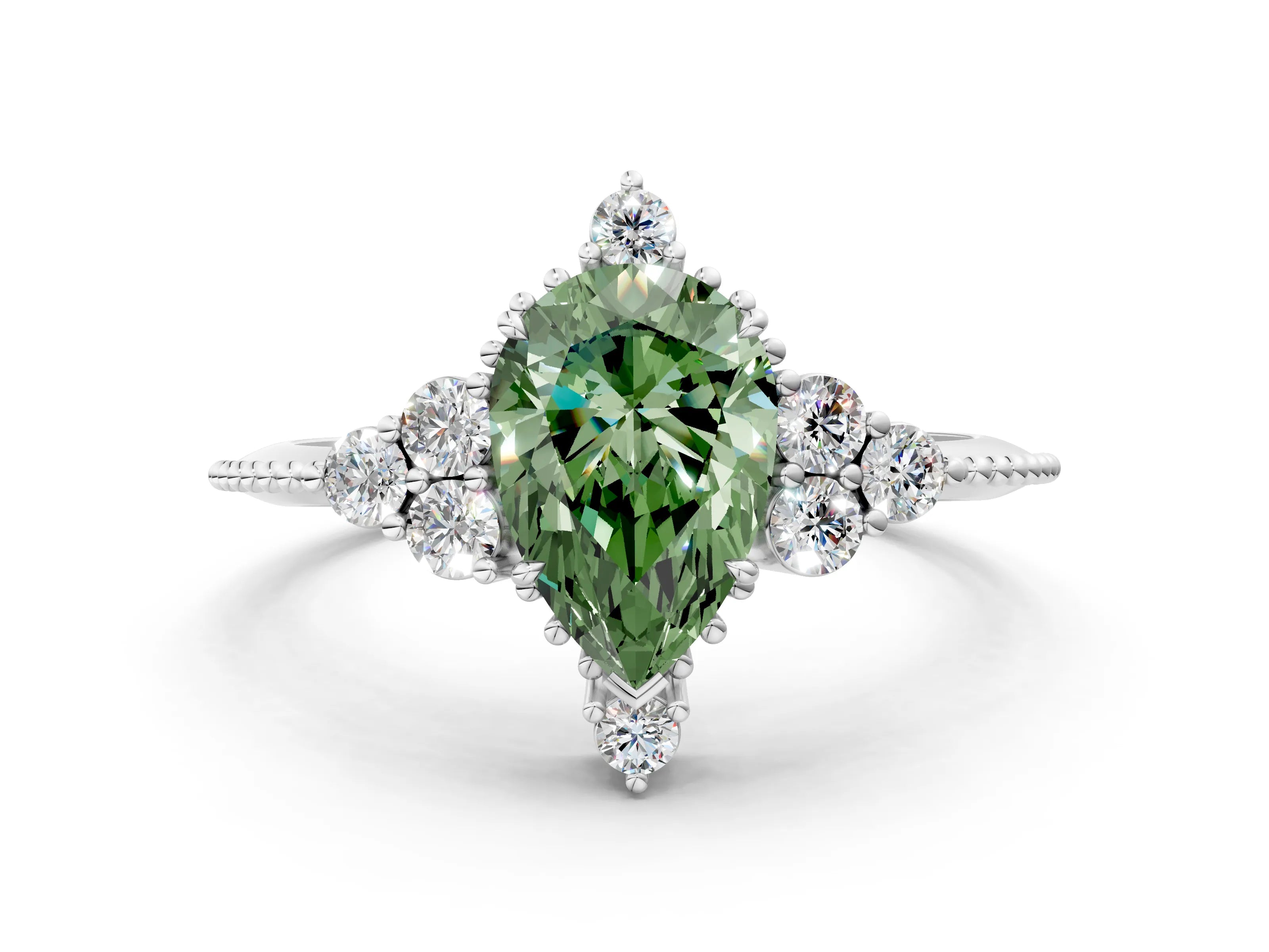 White gold Fancy Green Pear Cut Brilliant Diamond with Cluster Setting on a Beaded Band and Four-Prong Setting